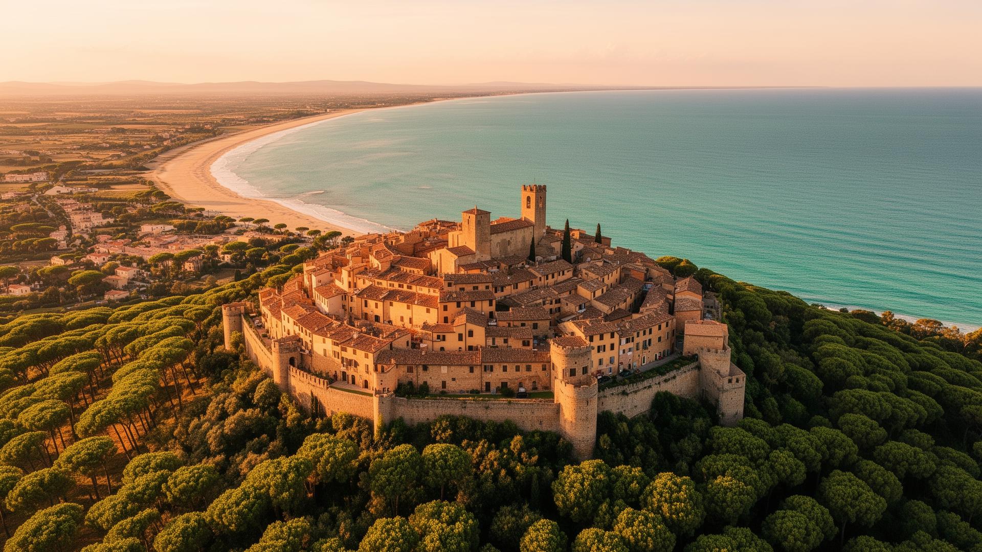 Vista panoramica di Castiglione della Pescaia al tramonto